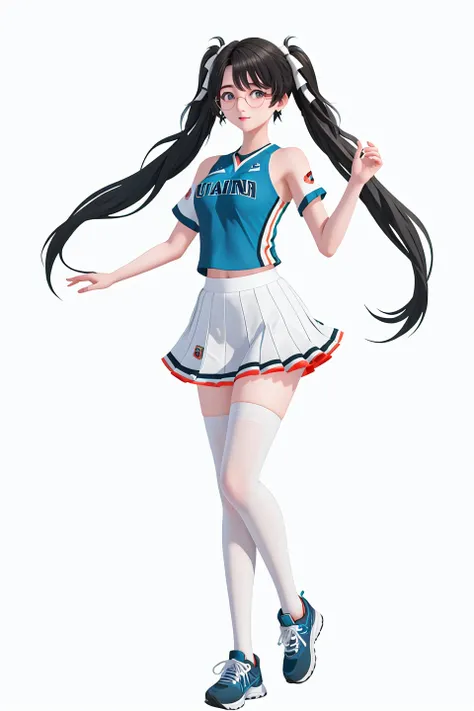 8k, best quality, masterpiece, (ultra-detailed), (white background,simple background), solo, (full body:1.1), looking at viewer, 
<lora:zhezhi-sd-Tanger:0.7>, zhezhi, 1girl, long hair, black hair, glasses, twintails, 
cheerleader,