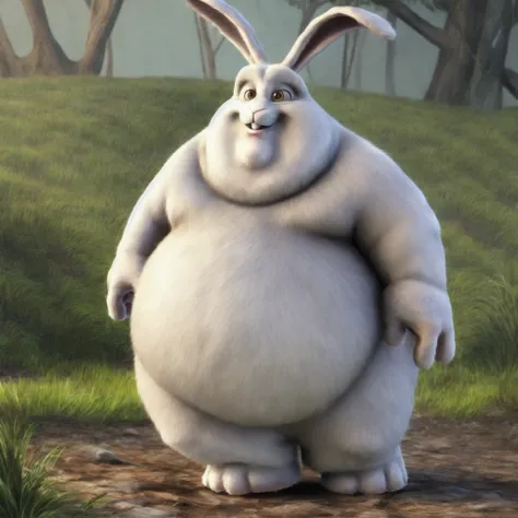 big buck bunny, rabbit, male, overweight, big, brown eyes, long ears, buckteeth, short tail, short stack, white fur, anthro, 4 fingers, hindpaws <lora:Big_Buck_Bunny_Lora:0.7> <lora:add_detail:1>