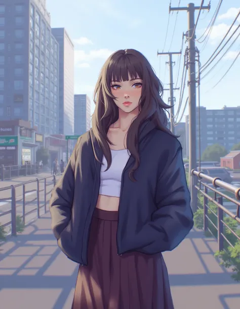 <lora:v12_PaulinaKlime_r16_000003250:1> art by PaulinaKlime, 1girl, solo, long hair, skirt, brown hair, black hair, brown eyes, standing, jacket, outdoors, black eyes, building, scenery, city, sign, hands in pockets, power lines, industrial pipeâââ