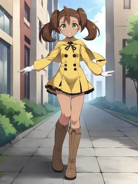 <lora:sashaunaXYtsukishiro:0.7>
1girl, solo, shausana, dark skin, brown hair, quad tails, green eyes, yellow dress, long sleeves, yellow capelet, white gloves, brown boots, full body, outdoors, city, smile, parted lips, cowboy shot