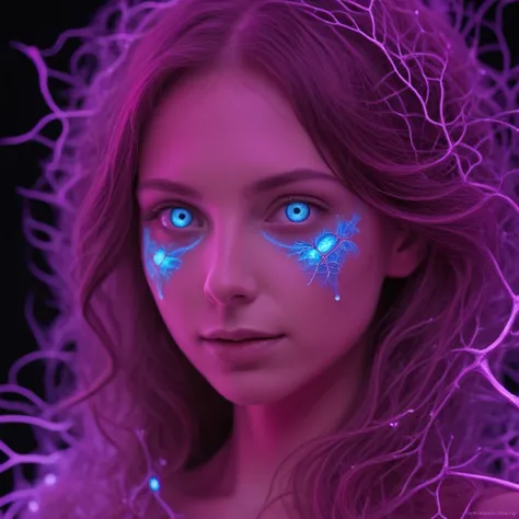 <lora:SDXL_Magenta_Lora:2> macro-shot of bioluminescent glow 25yo female face, intricate detail : explosive brilliance, organic liquid platinum tracery outlines