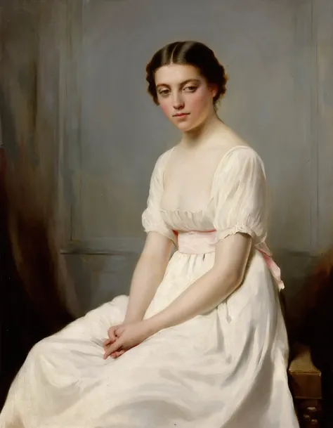 the painting by chaplin depicts a young woman seated against a muted backdrop. she is adorned in a white dress with a delicate p...