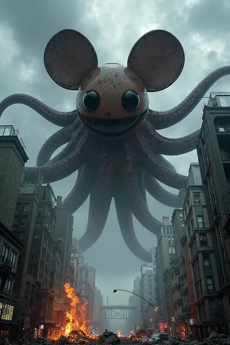 a breaking news photo of a dystopian city being ravaged by the upper body of a giant cthulu tentacle kraken beast with a deadmau5 mau5head  and giant arms destroying everything in sight.
In the breaking news banner below reads Cthulu awakens
<lora:Mau5head...