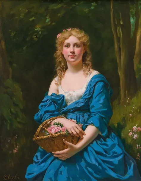 the painting by chaplin depicts a young woman in a flowing blue gown standing amidst a lush forest setting. she has curly blonde...