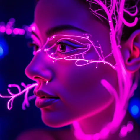 <lora:Flux_Magenta_Lora:2.0> macro-shot of bioluminescent glow 25yo female face, intricate detail : explosive brilliance, organic liquid platinum tracery outlines