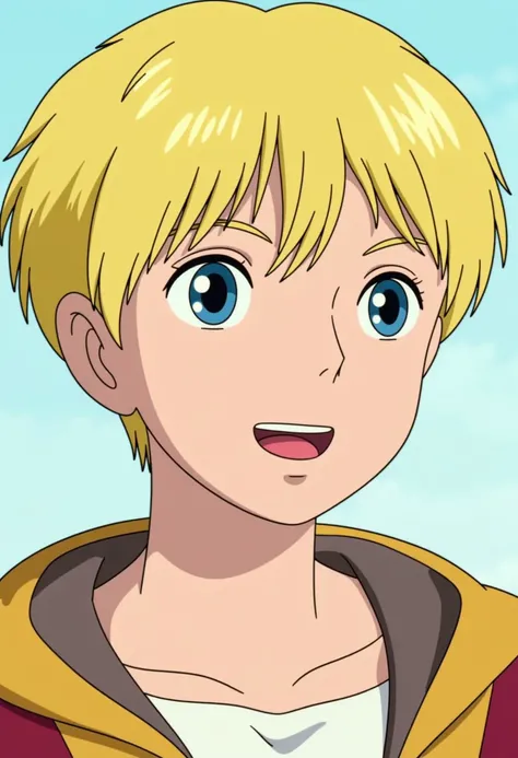 Ghiblistyle, solo, smile, open mouth, blue eyes, blonde hair, 1boy, hair between eyes, male focus, parody, fake screenshot, anime coloring