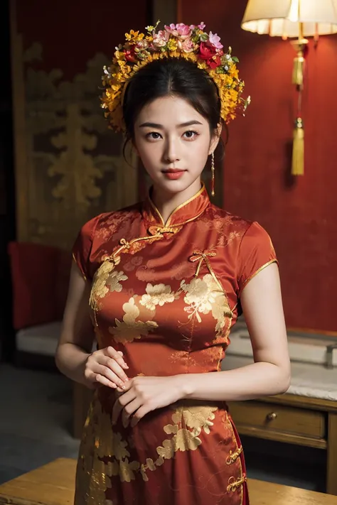 1 girl, smile, xunpu, chinese clothes, red dress, flower print, hair flower, red wall, chinese room, indoor<lora:Xunpu_V6:0.7>
8k,,sexy,(realistic:1.1), (photorealistic:1.1), (masterpiece:1.1), (best quality:1.1), RAW photo, highres, ultra detailed, High d...