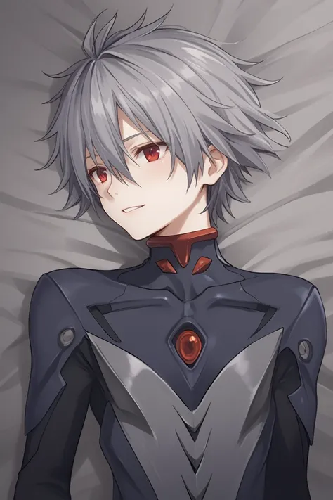 Score_9,score_8_up,score_7_up,Highly detailed, masterpiece, high quality, beautiful, high resolution, good details,1boy,solo,boy focus,nagisa kaworu, grey hair, hair between eyes, red eyes, eva 06 plug suit, cowboy shot, pov_eye_contact, blush, seducing_ey...