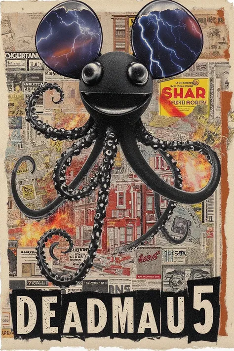 a mm_collage torn newspaper punk collage photograph of a black octopus kraken beast deadmau5 mau5head with giant tentacles with thunderstorms fire explosions and destruction destroying everything in sight ravaging in the middle of downtown of a dystopian c...