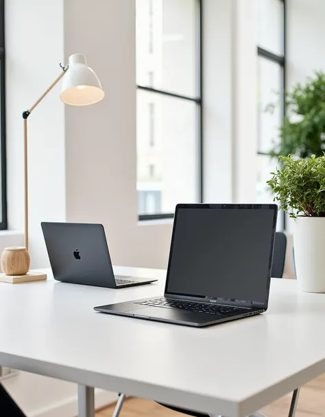 RAW photograph of a sleek Apple MacBook sitting next to a modern Dell XPS laptop on a minimalist desk. The scene is set in a bright, sunlit office space with large windows in the background. The desk is clutter-free, featuring only a stylish desk lamp and ...