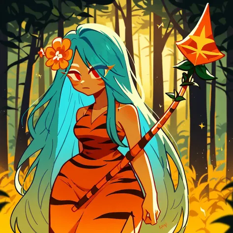 score_9, score_8_up, score_7_up, 2d, tigerlilycookie, cookie run, blue hair, long hair, flower in hair, orange dress, tiger print, red eyes, wide hips, large thighs, holding spear, cinematic lighting, cowboy shot, forest, looking at viewer, chibi