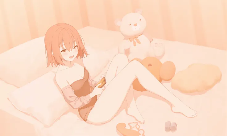 1girl, 
legs, barefoot, legs together, white panties, tube socks, strapless leotard, full body, bed, feet, stuffed animal, teddy bear, highleg leotard, from side, orange theme, closed eyes, single sock, highleg, black leotard, underwear, holding phone, sit...