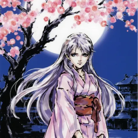 Shinkawa Style, Young girl with long flowing silver hair, wearing a traditional kimono, standing under a cherry blossom tree at night. The moonlight reflects on her pale skin, creating a mystical aura around her.