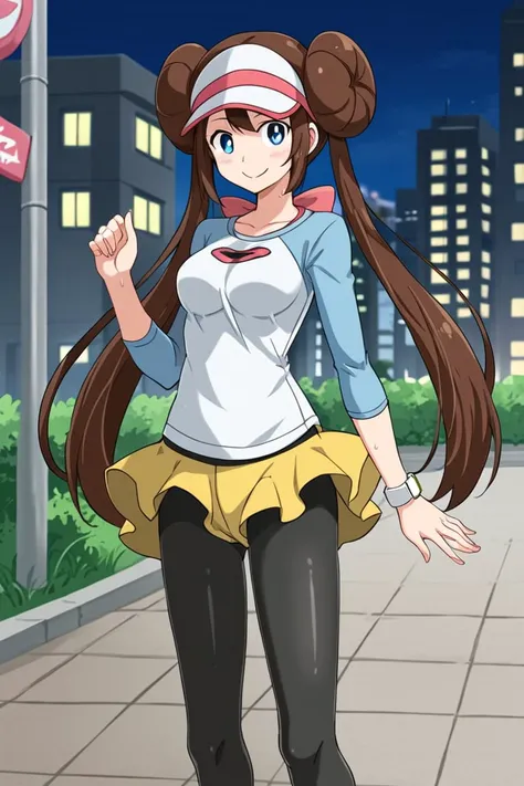 1girl, solo, romeisabwii, brown hair, hair bun, twintails, blue eyes, visor cap, pantyhose, raglan sleeves, shorts, shirt, pink bow, wristwatch, outdoors, city, standing, smile