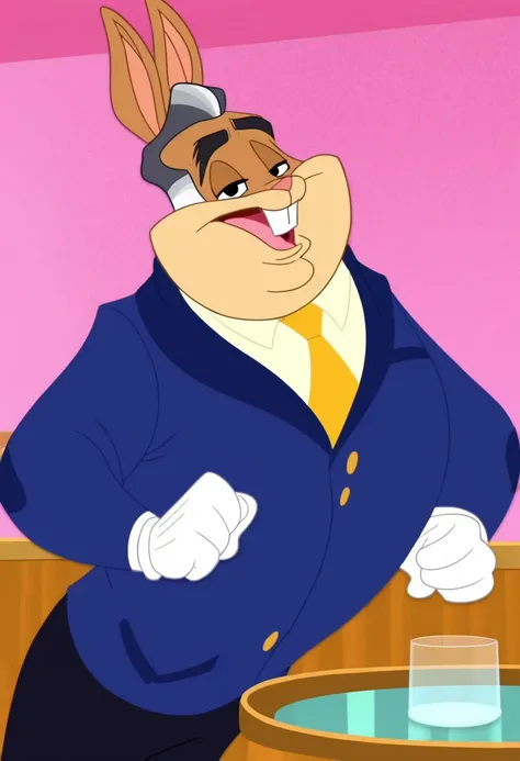 walter bunny, looney tunes style, looney tunes, anthro rabbit, rabbit ears, anthropomorphic, cartoon, middle aged man, middle aged, buck teeth, grey hair, white hair, 1boy, male, solo,
white gloves, blue suit jacket, yellow tie, black pants, tight clothing...