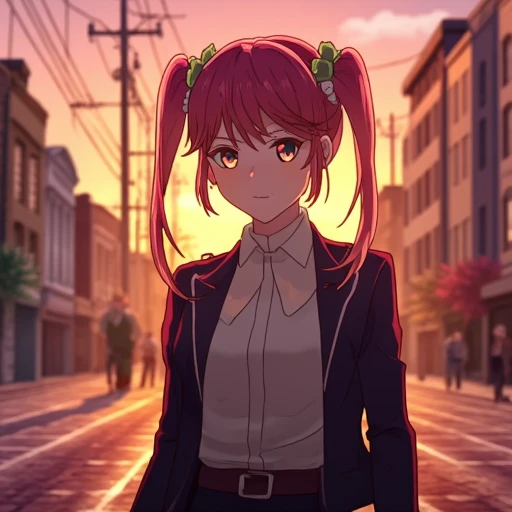 saStyle. A beautiful young woman drawn in a modern japanese anime style standing in the middle of a busy street during sunset.