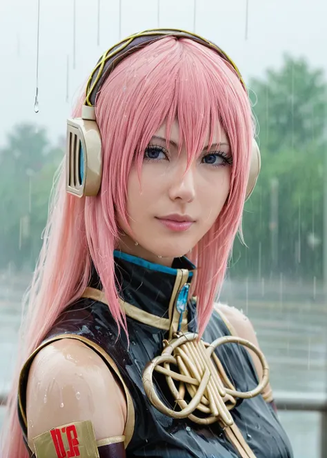 score_9, highly detailed, 1girl,  megurine luka v2, pink hair, large breasts, outdoor background, rain, ((upper body)), <lora:Megurine_Luka_V2_Pony_Realistic:1>