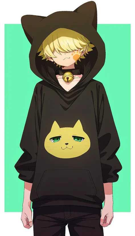 embedding:zPDXL ,source_anime,rating safe,looking at viewer,1boy,kengo,shirt,neck bell,hood,:3,facial mark,paw print,hood up,animal hood,animal ears,(cat print:0.5),hair over eyes,blonde hair,pants,cowboy_shot, anime coloring,