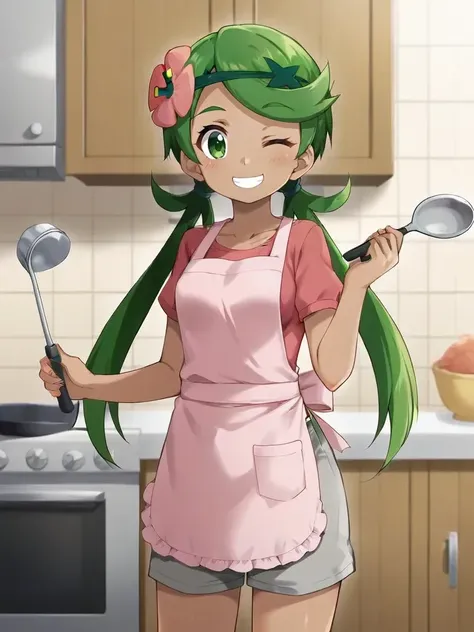 <lora:mallmaowtsukishiro:0.7>
1girl, solo, maollow, dark skin, green hair, low twintails, hair ornament, hair flower, green eyes, pink shirt, gray shorts, pink apron, holding, ladle, standing, looking at viewer, indoors, kitchen, smile, wink, teeth,