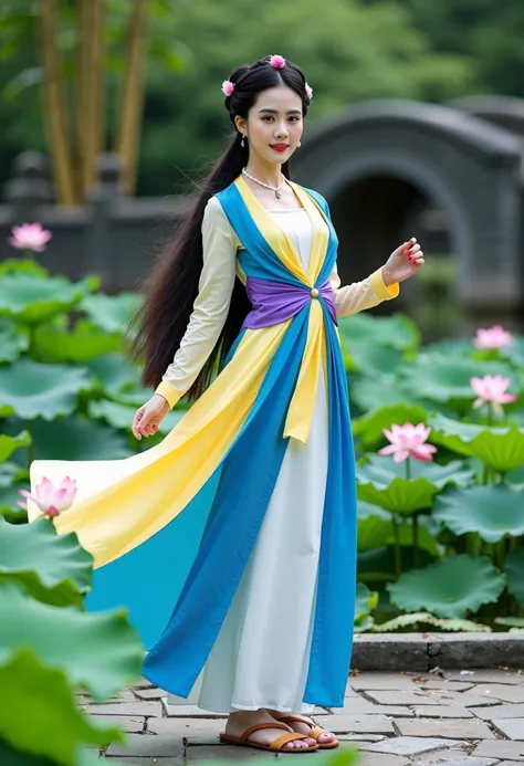 A young Vietnamese woman dressed in a traditional Áo Tứ Thân, with vibrant colors of bright blue, yellow, and purple, elegantly layered over a white yếm. Her long, silky black hair flows down her back as she stands gracefully beside a tranquil lotus pond. ...