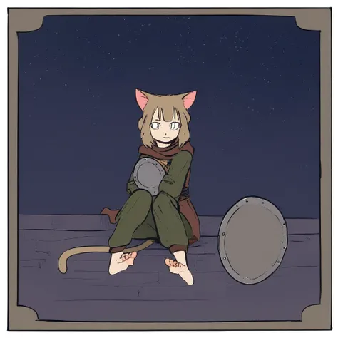 toes, shield, sitting, border, cat ears, sheath, very long sleeves, solo, night sky