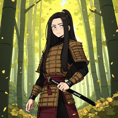 Juaner_cartoon,A brave samurai with long black hair, wearing traditional armor, holding a katana with "buzz" engraved on the blade, standing in a bamboo forest, surrounded by falling leaves, on a quest to reclaim his honor and buzz.