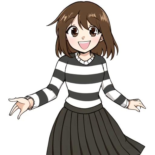 striped, brown eyes, smile, white background, open mouth, simple background, closed mouth, solo, skirt