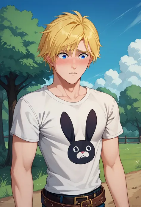 score_9, score_8_up, score_7_up, source_anime, highly detailed, 
jaune, 1boy, male focus, solo, blonde hair, blue eyes, upper body, t-shirt, animal print, bunny print, blush, embarassed, belt,
outdoor, sky,