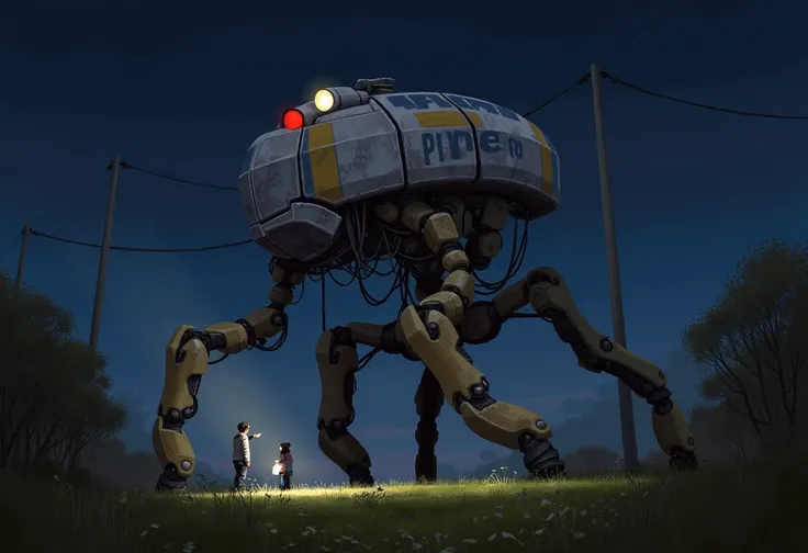 Simonstalenhagstyle, bipedal robot, wires, police paint, searching for lost kid, night, flashlight