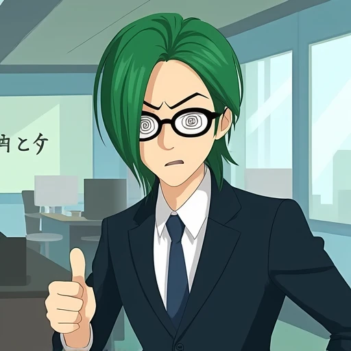 flat color, vector, tbmidoriko, green hair, medium hair, hair over one eye, hair behind ear, spiral glasses, opaque glasses, business suit, angry, pointing, indoors, office