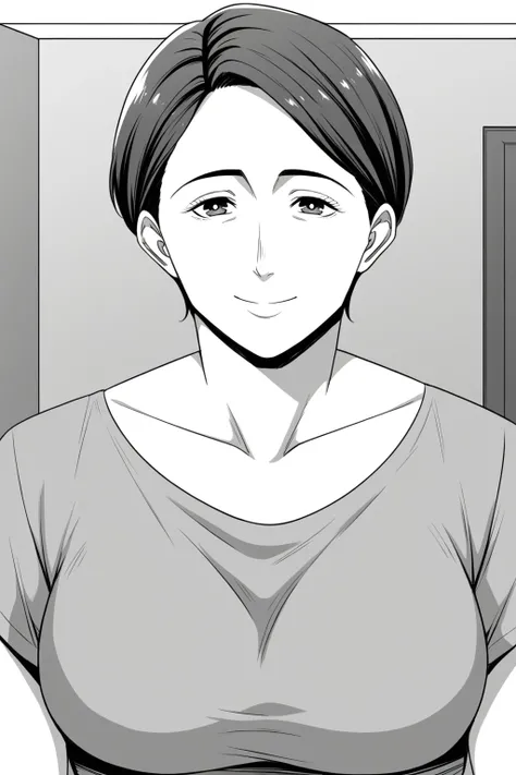 <lora:Tamagou-gibo:1>gibo,1girl,solo,short hair,greyscale,mature female,breasts,shirt,upper body,looking at viewer,indoors,smile