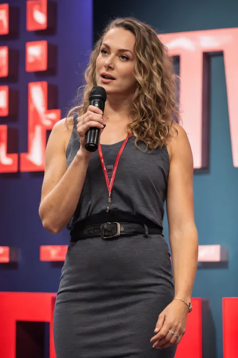 1girl, woman giving a TED talk, speaking confidently, wearing business casual attire, TED logo in the background, spotlight, engaged expression
 <lora:lk98_nl_lora_v01:1> lk98