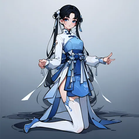 She is dressed in a blue, form-fitting outfit that resembles a traditional Chinese qipao dress, with a high collar, long sleeves, and a flared skirt. The dress features a white ribbon detail at the waist and a bow on the chest. She also wears white thigh-h...