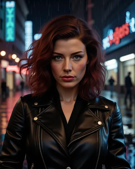 A realistic portrait of a 24-year-old j3ss1c4p woman with dark red and brown hair and intense hazel eyes, set in an urban environment at night. You can see deep detail on her skin as it shines under the night, the texture giving a photorealistic look.  The...