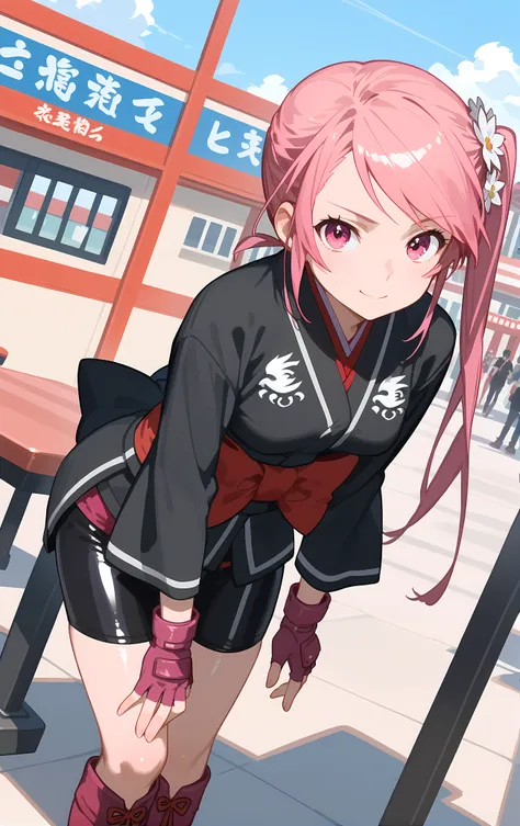 (score_9, score_8_up, score_7_up), standing, leaning forward, looking at viewer, light smile, closed mouth, shiny skin, tight clothes,
ohwx, 1girl, solo, side_ponytail, pink_hair, pink_eyes, bow, long_hair, hair_flower, flower,
japanese_clothes, fingerless...