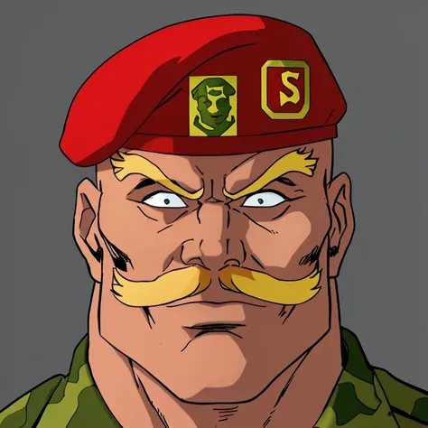 absurdres, (portrait:1.2), facing viewer, <lora:MadSarge:0.75>, madsarge, blonde mustache, red beret, (muscular male:1.3), grey background, camouflage, camo topwear, bald