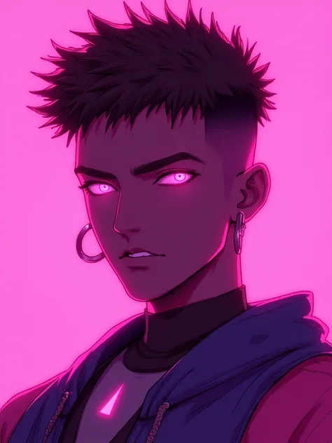 niji style, solo, looking at viewer, short hair, 1boy, jewelry, jacket, upper body, male focus, earrings, dark skin, pink eyes, glowing, pink background, dark-skinned male, glowing eyes, undercut