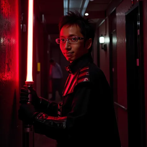 portrait photography, (nuts:1.2), wearing glasses, looking at the viewer, in darth vader costume, holding red light saber, in dark spaceship corridor