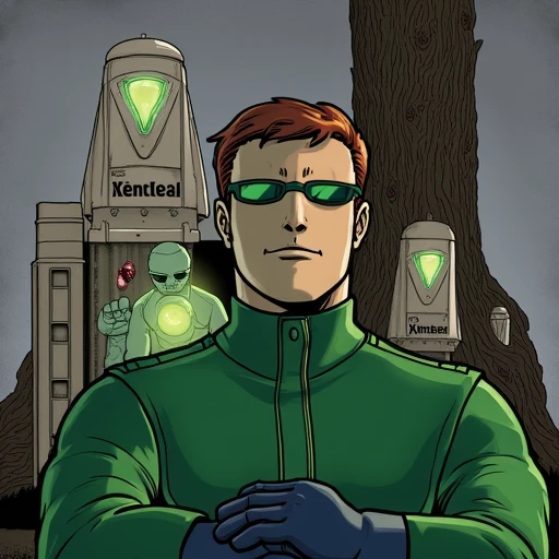 sunglasses, sentinels, realistic, character name, grey background, tree, green jacket, glowing, multiple boys, building, gloves, alien