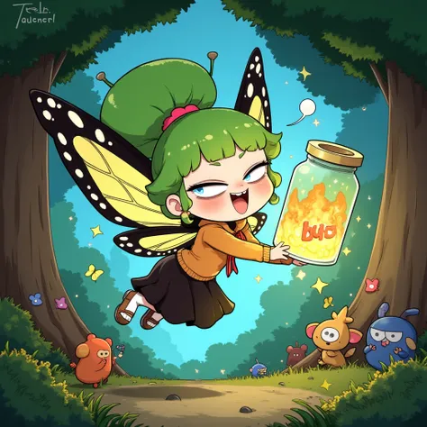 Juaner_cartoon,A whimsical fairy with butterfly wings and green hair, holding a glowing jar with "buzz" inside, flying through a lush, enchanted forest, with sparkles and magical creatures around her.