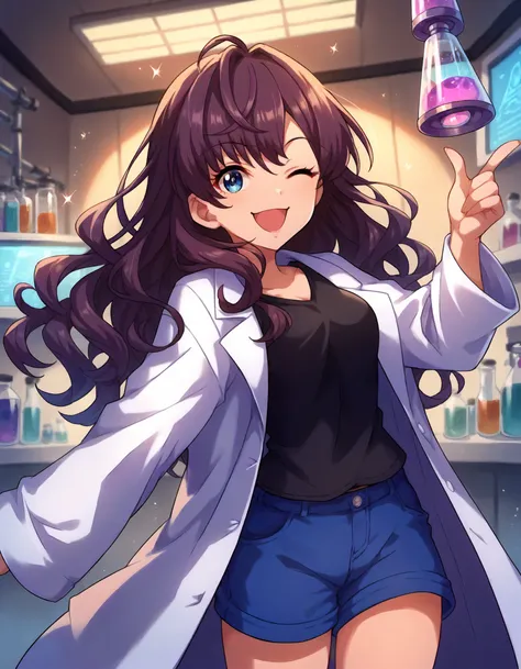 score_9,score_8_up,score_7_up,1girl,solo,cowboy shot,looking at viewer,smile,wink,open mouth,laboratory,
<lora:ichinoseshiki_ponyXLV6:0.8>,cgisk,purple hair + brown hair,long hair,wavy hair,blue eyes,
lab coat,black sleeveless shirt,blue shorts