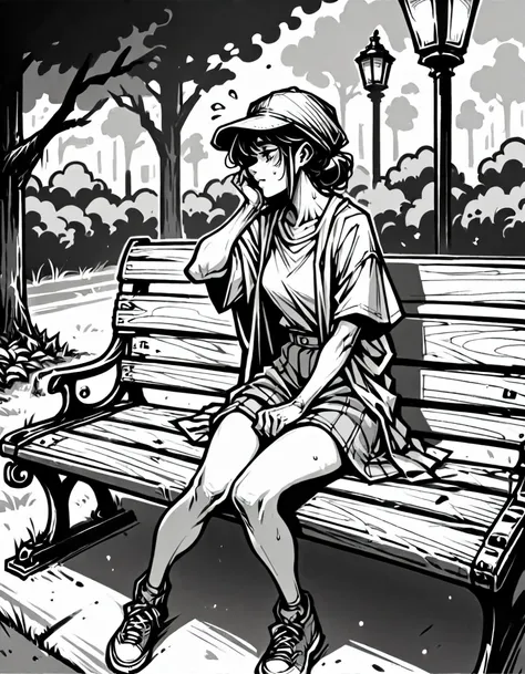 score_9, score_8_up, score_7_up, <lora:Clean Sketch (J) style:1> monochrome, 1girl, sitting on bench, in park,