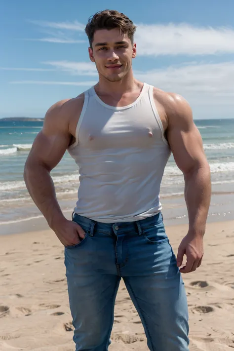 1man, solo, edoardovolpi, soft smile, muscular, tank top, jeans, beach, daylight<lora:EMS-301964-EMS:0.800000>