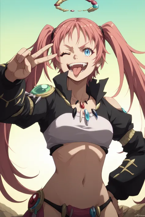 <lora:SlimesMilim:1>, score_9, score_8_up, score_7_up, slimes_milim, woman, solo, twintails, blue eyes, waist up shot, bikini bottom, tongue out, peace handsign, winking, snarky facial expression, valley background