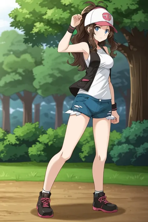 1girl, solo, hiltoukodaBW, brown hair, blue eyes, high ponytail, hat, baseball cap, black vest, white shirt, sleeveless, denim shorts, black wristband, black shoes, pink shoelaces, outdoors, standing, cowboy shot, looking at viewer