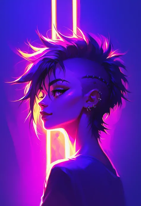 score_9, score_8_up, score_7_up, score_6_up, 1girl, cute, alluring, short punk hair, neon, yellow light, purple light, half body, backlighting, s1_dram