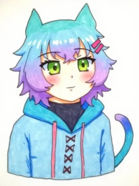 Linechu, 1 boy, blue and purple hair,cat tail, green eyes, blue jacket, marker drawing