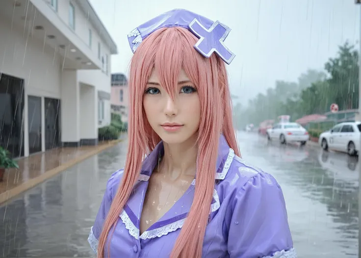 score_9, highly detailed, 1girl, nurse luka, pink hair, outdoor background, rain , ambulance <lora:Nurse_Luka_Realistic_Pony:1>