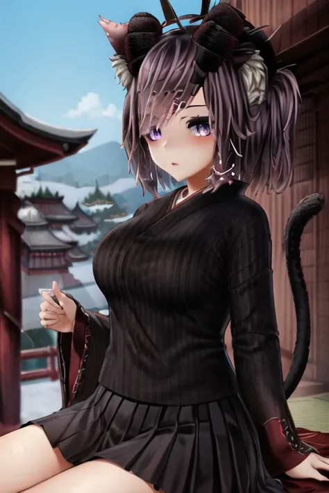 1girl, solo, purple eyes, medium_breasts, upper body, animal ears, cat ears, demon horn, sitting, skirt, Japanese temple in the background