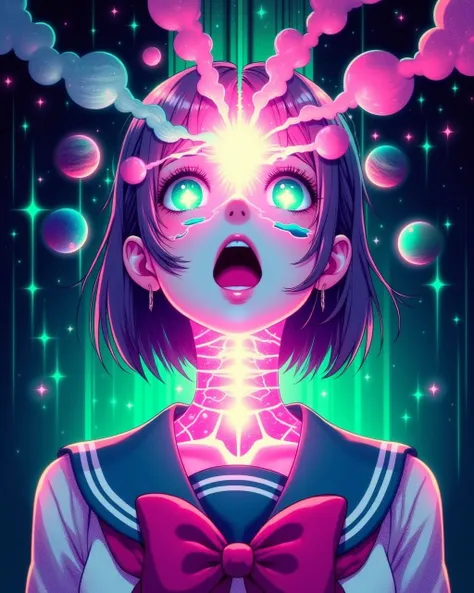 aiai-B1ngLucid, The image depicts a young girl dressed in a school uniform with a pink ribbon. The girls eyes are glowing with a pink light, and her neck is translucent from pink energies. She is surrounded by a few planets, and the background looks like a...